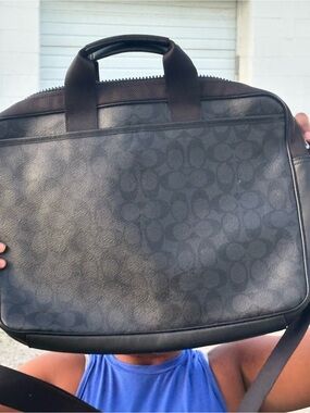 Coach Men's Signature Black Leather Laptop Briefcase